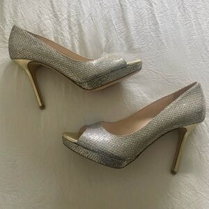 Jimmy Choo Glittering Silver and Gold Peep-Toe Heels